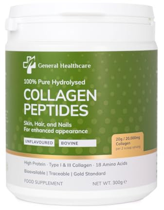 Collagen Powder Bovine Peptides, Type I & III, 100% Pure Hydrolysed Gold Standard, with 18 Amino Acids, Collagen Supplement by General Healthcare - 20g / 20,000mg Collagen (Unflavoured)(300g)