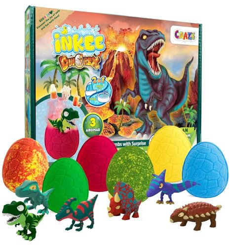 INKEE Geschenkbox DINO mit 6 Kinder Badebomben, enthält 6 verschiedene Dinosaurier Spielzeug zum Sammeln - 6x Badekugeln Kinder mit Überraschung