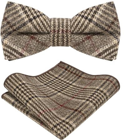 JEMYGINS Conjunto de Pajarita de Lana Sólida y Pañuelo para Hombre de Fieltro Adecuado para Otoño e Invierno Líneas marrones rojas negras