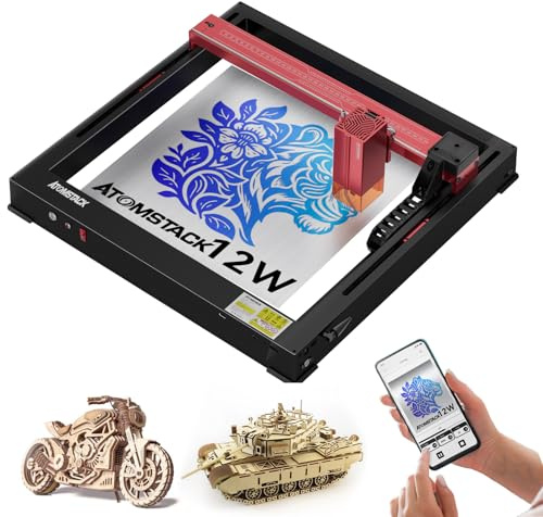 ATOMSTACK A12 Pro Laser Graviermaschine, 12W Ausgangsleistung, Installationsfreie, 0,05 mm höhere Genauigkeit, APP-Steuerung laserschneider, Lasergravierer für Holz, Leder, Metall