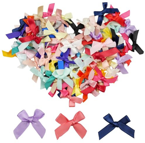 Hocadrv 100 Stück Mini Satinband Schleifen Kleine Schleifen Geschenk Schleife Doppelseitig Mini-Schleife Mehrfarbig für Weihnachten Geschenken Hochzeit Deko Karten DIY Basteln(2,5CM)