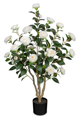Arborus Künstlicher Baum mit Blüten Kunstbaum 90CM Künstlicher Kamelienbaum | Weiß Kunstblumen im Topf Künstlicher Blütenbaum Große Kunstpflanzen für Wohnzimmer Schlafzimmer Büro Deko