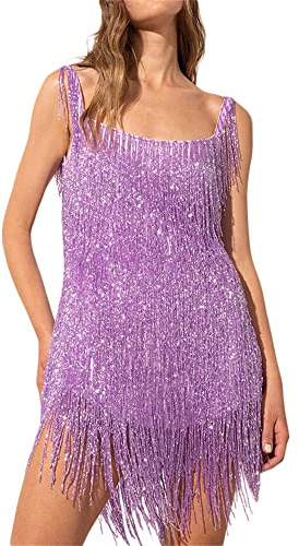 Qianderer Women Sequin Glitter Mini Dress Layered Fringe Deep V Neck Backless Sleeveless Tassel Flapper Dress Club Party Prom Sparkly Dress (Ba Purple, S)