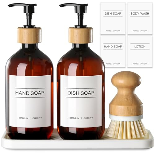 GMISUN Dish Soap Dispenser, Amber Kitchen Soap Dispenser Set with Tray | 2 Pcs 500ml Plastic Brown Hand and Dish Soap Dispenser Set with Dish Brush, Farmhouse Washing Up Liquid Dispenser for Kitchen