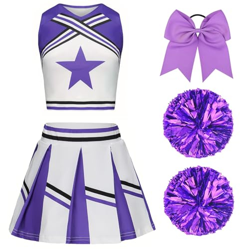 XFOZDM Cheerleader Kostüm Kinder Cheerleader Kostüm Kleid Mädchen Cheer Uniform mit Pompoms und Kopfschmuck Cheerleading Outfit Kinder für Faschingskostüme Halloween Karneval Volett 140
