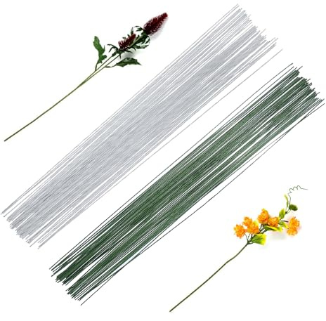 POPOYU 100 stycken 40 m blomtråd, blomtråd, blomtråd, mörkgrön/vit, 0,5 mm, papperstråd för pysseltråd, tunn, blomtråd, pysseltråd, kabelstavar för konstgjorda blommor, bröllop, bukett, dekoration