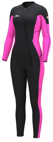 Hevto Wetsuit Women 3/2mm Neoprene Front Zip Full Wet Suit in Cold Water for Swimming Surfing Diving Paddle Boarding (W1F-Pink, 8)