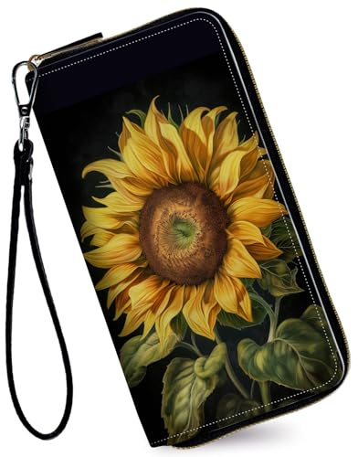 RAUEDWDJS Damen-Geldbörse, Kreditkartenhalter, Geld, Leder, lange Geldbörse mit Handgelenk, großes Fassungsvermögen, mit umlaufendem Reißverschluss, für Damen, Mädchen, Sonnenblume, Amerikanisch