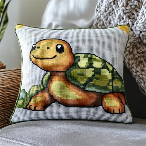 ORLUMY DIY Kissen Knüpfen Set Knüpfhaken-Set Mit Cartoon-Schildkröte，Fantasy-Tiere，Knüpfhaken-Set，Kissenbezug，Sofakissen，Anfänger，Diy，Häkelgarn-Set，Basteln，Heimdekoration 43x43cm