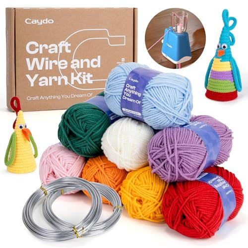 Caydo Aluminum Craft Wire and Acrylic Yarn Skeins Kit, i-Cord Knitting Kits for Beginner for DIY Handicraft Making, Learn to Knitting iCord with i Cord Maker Tool, 8x25g Yarn & 2 Roll 5M x 3 mm Wire