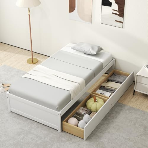KOMFOTT Twin Size Wood Platform Bed Frame with 2 Storage Drawers, Wooden Platform Bed with Slats Support, Daybed Frame for Living Room, Twin Bed Frame for Teens, Adults, No Box Spring Needed (White)