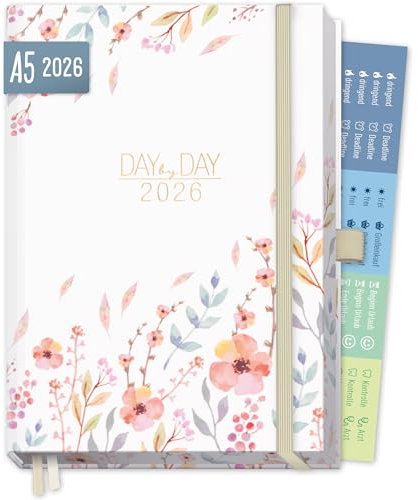 Häfft® Organizer Day by Day Deluxe 2026 A5 Tagesplaner Kalender mit 1 Tag pro Seite Sweet Flowers Buchkalender 2026, Terminplaner - nachhaltig & klimafreundlich