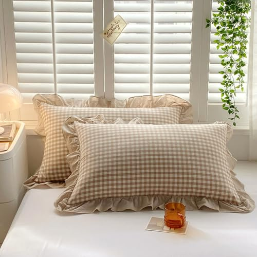 Obelunrp Cubras de Almohadas de 2 Piezas, Almohadas de Algodón de 19x29 Pulgadas, Cubiertas de Almohada a Cuadros con Borde de Volante, Cubiertas de Almohada de Algodón Lavables