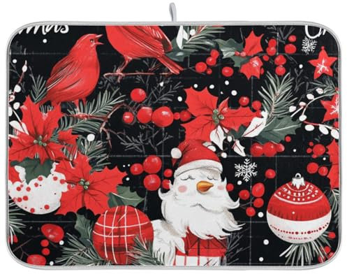 Tapete de secado de platos de Navidad con diseño de cascanueces rojos, árbol rojo, acebo, pájaro, acebo, tapete absorbente de secado de platos, tapete de goma lavable, accesorios de encimera, grande,