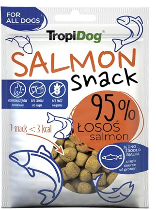 Monoprotein hundgodis med 95% lax, glutenfritt, sockerfritt och utan konserveringsmedel. Perfekt för träning och promenader. Aromatiskt, lågkaloriskt, stödjer munhygien - TropiDog Snack Salmon 70g