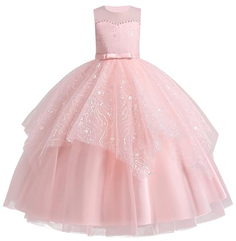 IDOPIP Robe Enfant Fille Mariage Dentelle Tulle sans Manches Broderie Perles Bow Demoiselle d'honneur Anniversaire Partie Princesse Longue Robe De Bal Soirée