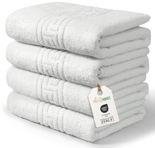 nice homeit Set in 4 Asciugamano in 100% cotone filato ad anello – Adatto sia per uso quotidiano che sportivo – Extra Morbidi e Assorbenti. MADE IN ITALY – 60 X 100CM (BIANCO)