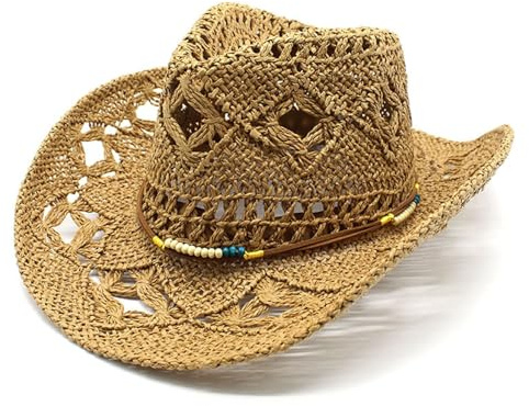 Generisch Cowboy Hut Frauen Khaki Stroh Cowboyhut Herren Strohhut Cowgirl Kostüm Damen Hut Sommer Atmungsaktiv Cowboyhüte Sonnenhut Uv Schutz Sommerhut Leicht Straw Sun Hat