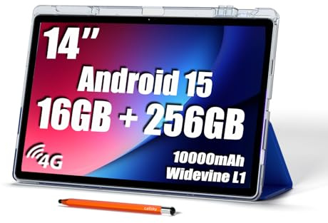 Ckypad 14 Inch Tablet,Android 15 Tablet,1200x1920 FHD Large Screen,16GB RAM+256GB ROM,Octa-Core Gaming Tablets,10000mAh,Large Tablets with Widevine L1,with Stand Case & Stylus,18W PD Charger,4G LTE