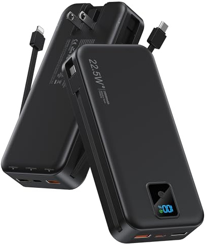 Portable Power Bank, 20000mAh 22.5W Fast Charging Phone Charger with Built-in Cables & Wall Plug, Travel Essential Battery Pack with LED Display, USB C Battery Charging Bank for iPhone, Samsung Black