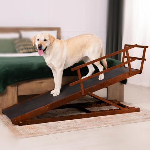 Hundramp för Säng med Säkerhetsräcke – För stora hundar upp till 90 kg – Höjdjusterbar hundtrappa för sängar upp till 94,5 cm – Bredd 49,5 cm – Hopfällbar – Halkskyddshandtag – Björkträ – Valnöt