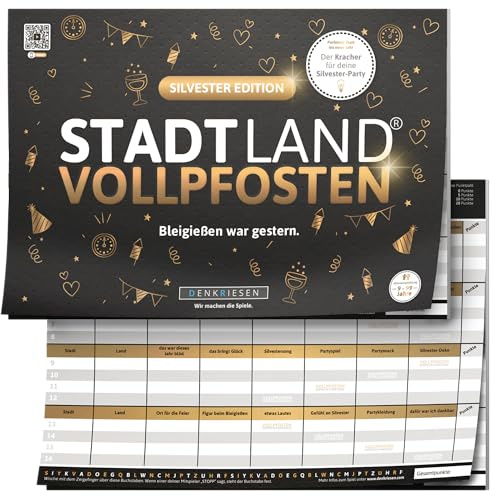 DENKRIESEN Stadt Land VOLLPFOSTEN Silvester Edition | DIN A4 Spielblock | 26 Kategorien für 2+ Spieler ab 9 Jahren, Party- und Wortspiel für Silvester, Neujahr und den Jahreswechsel.