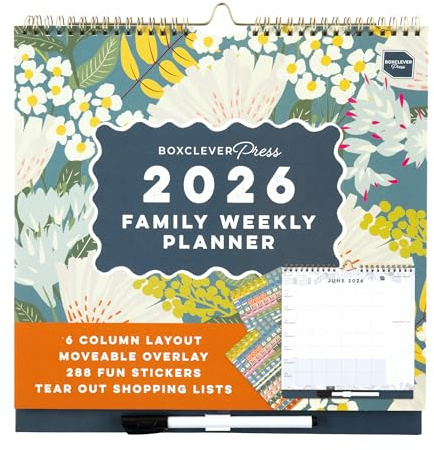 Boxclever Press veckoplanerare för familjen 2026. 2026 kalender Storbritannien med 6 kolumner. Familjekalender 2026 går nu – dec 26. Väggkalender 2026 med listor, ficka och klistermärken.