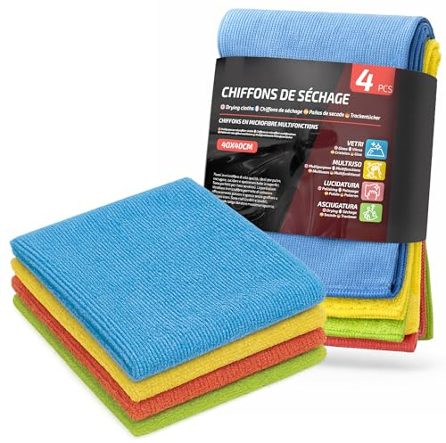 VENTUX GEAR 4X Chiffons Microfibre 40×40 cm – Lot de 4 | Ultra Absorbants & Multi-Usages | Nettoyage Auto, Cuisine, Vitres & Maison