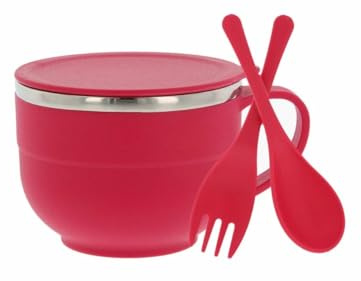 AARNAV Large Soup Bowl Stainless Steel Noodle & Soup Bowl with Lid, Handle, Spoon and Fork, Bowl for Pasta, Soup, Rice, Noodles, Maggie Food Container for Use in Kitchen, School, Office 500 ML