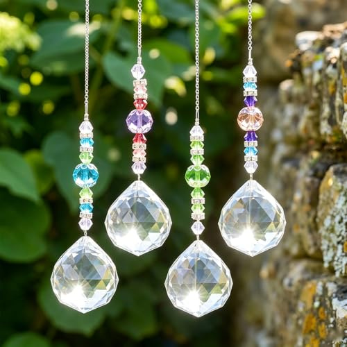 4 Stück Sonnenfänger Kristall Fenster Deko, Hanging Kristalle Prismenkugel Regenbogen Suncatcher Sonnenfänger Kristal Anhänger Deko für Garten Haus Büro Balkon