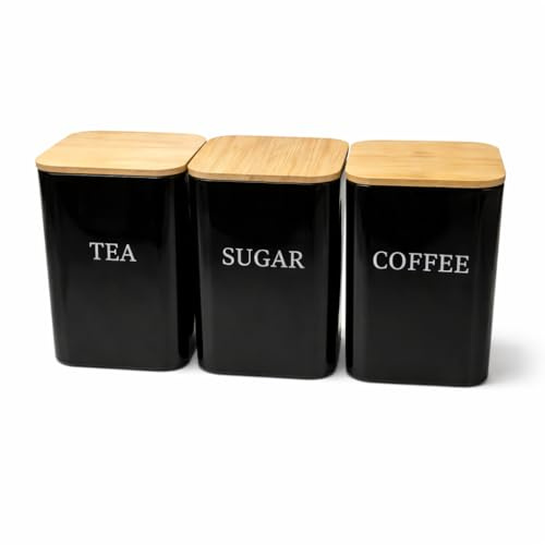 BURAKH 3-Piece Square Stainless Steel Canister Set with Bamboo Lids – Coffee, Tea & Sugar Storage Containers – High-Grade Powder Coated Metal – Easy to Clean & Store (Black)