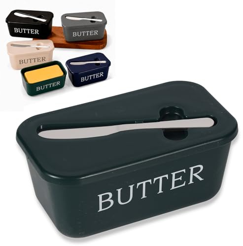 AURALIN Butter Dish with Lid and Spreader Knife Green Food-Grade Plastic | Food-grade plastic butter keeper for kitchen worktops and fridges with large covered storage container for daily use
