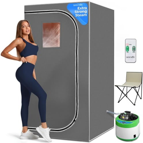 SereneLife Portable Steam Sauna Tent with Extra Large 4L Steamer - Includes Folding Sauna Chair, Remote Control w/ 9 Heat Levels for in-Home Spa - 2.9' x 2.9' x 5.9'