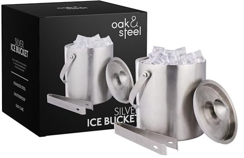 Oak & Steel - Secchiello per il ghiaccio con coperchio e pinze, doppia parete, in acciaio inox, mantiene il ghiaccio freddo e asciutto per bar, feste, birra, champagne e bottiglie di vino