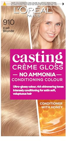 Casting 910 Iced Blonde: A no-ammonia, semi-permanent hair colour lasting 32 washes. Blends greys and leaves hair 3x glossier, 4x silkier for a stunning iced blonde.