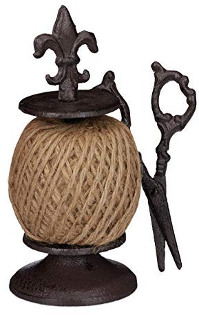 Relaxdays Schnurhalter antik, Gusseisen, Fadenhalter mit Schere & Pflanzschnur, nostalgische Garten Deko, Dunkelbraun