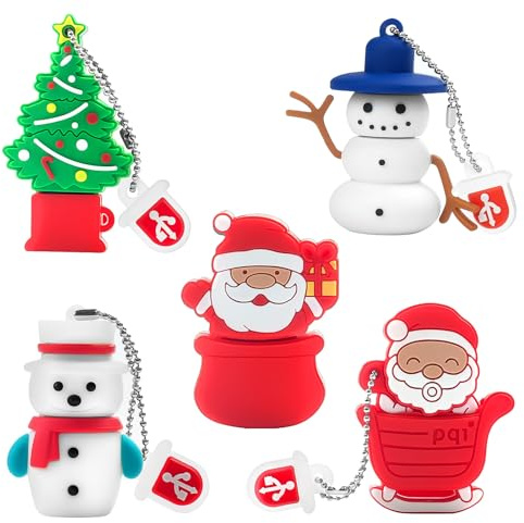Clé USB de Noël 16 Go (Lot de 5) Cadeaux de Nouvel an pour Famille et Amis, USB Mémoire Sticks Mignon du Père Noël Bonhomme de Neige Arbre de Noël Styles Pendrive