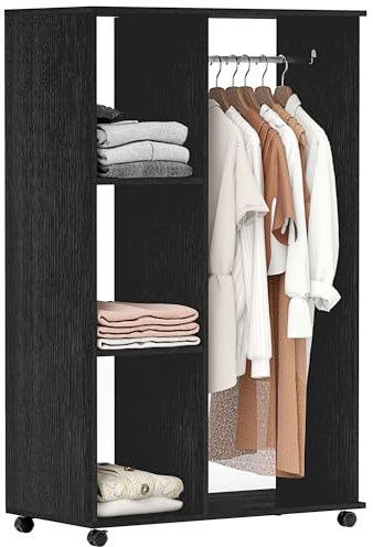 HOMCOM Open Wardrobe on Wheels, Bedroom Wardrobe with Clothes Hanging Rail, 3 Storage Shelves, Mobile Garment Rack for Cloakroom, Hallway, Black