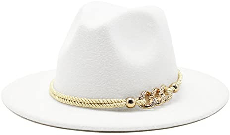 Gossifan Lady Fashion Sombrero de Fieltro de ala Ancha Fedora Panamá con cinturón de Anillo - Blanco - M