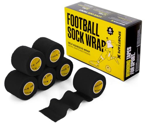 SPORTTAPE 6 Rolls Football Sock Tape, 5cm x 4.5m, Black - Self-Adhesive Cohesive Bandage, Compression Wrap & Sports Stretch Tape for Ankles, Joints, Socks, Vet, Pet Wrap for Dogs and Horses