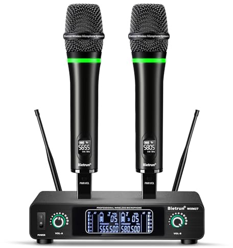 Bietrun Wireless Microphone, Rechargeable, Dynamic Dual-UHF Handheld Microphone System Made of Metal for Karaoke at Home, Meetings, Parties, Churches, DJs, Weddings (UHF 240 ft Range)