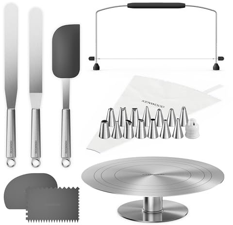 Kenwood Tortendekorationsset KWSD100, Deko-Set für Kuchen und Torten inkl. Tortenplatte, Spritzbeutel, 3 Teigschaber, Winkel- und Streichpalette und Tortensäge, Edelstahl