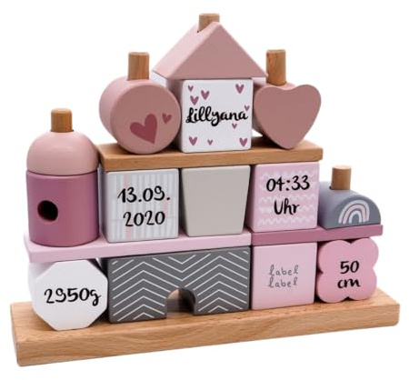 KIDSLINO Steckspiel Haus Rosa I Geschenk zur Geburt personalisiert I Holzspielzeug I Personalisierte Geschenke Baby I Label-Label I Steckspielzeug mit Name & Geburtsdaten