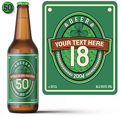 Packung mit 6 personalisierten Bierflaschen-Etiketten, mit Text und Alter, irische Pub-Aufkleber, wasserdicht und eisfest, ideal für Geburtstage und Partys, Größe zur Auswahl: 20 cl, 33 cl, 1 l
