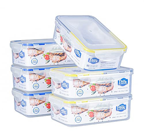 EASYLOCK 6 Pack Airtight Food Storage Container with Lids, Plastic Meal Prep Containers Reusable, 1.15L, Leak-proof Microwave Freezer Dishwasher Safe (Mixed colour combination)