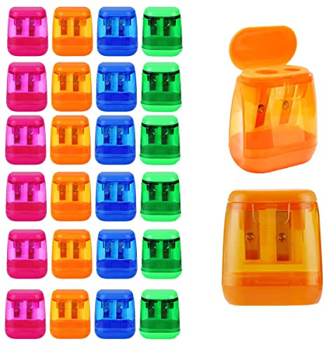 (Dick)24 Stücke 4 Farben Anspitzer mit Behälter,Dosenspitzer für Dicke und Dünne Wtifte mit Behälter,Manueller Pencil Sharpener mit Deckel,Kinder Spitzer mit Dose für Schule,Heimbüro