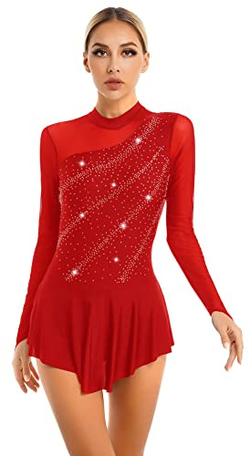 CHICTRY Patchwork Vestito Danza Classica Donna Paillettes Body da Pattinaggio Artistico Leotards Body da Balletto Manica Lunga Abito da Jazz Latino Danza Moderna Rosso M
