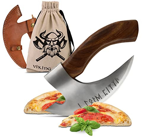 VIKING CRAFT Wikinger Pizzamesser mit Holzgriff & Lederschutz als Geschenk | Pizza schneiden & servieren mit breiter Stahlklinge, Holzgriff, Lederschutz und Beutel, Geschenk für Wikinger- & Pizza-Fans