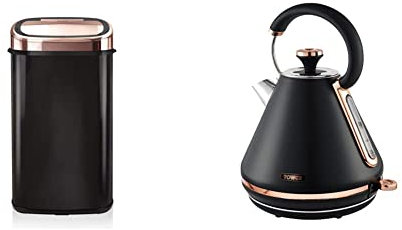 Tower T80904RB Kitchen Bin with Sensor Lid, Automatic Soft-Close, 58 Litre, Black and Rose Gold & T10044RG Cavaletto Pyramid Kettle with Fast Boil, Detachable Filter, 1.7 Litre, 3000 W