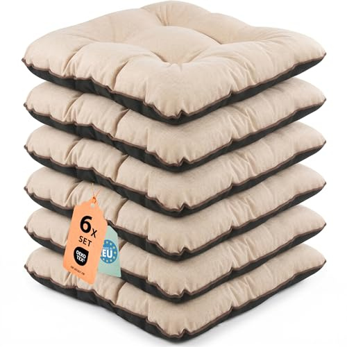 Outdoor Leinen-Optik Sitzkissen Stuhlkissen - 6er Set - 45 x 45 cm - Made in EU, Wasserdichtes & UV-beständig Gartenkissen - Stuhlauflage Stuhlpolster für Balkonstühle – Beige